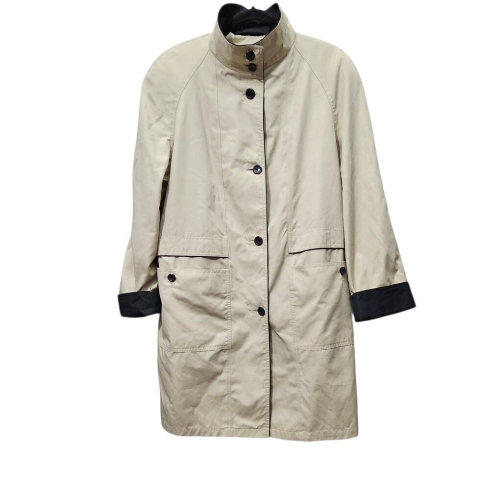 Towne London Fog Button Front Tan And Black Lightweight Midi Rain Trench Coat